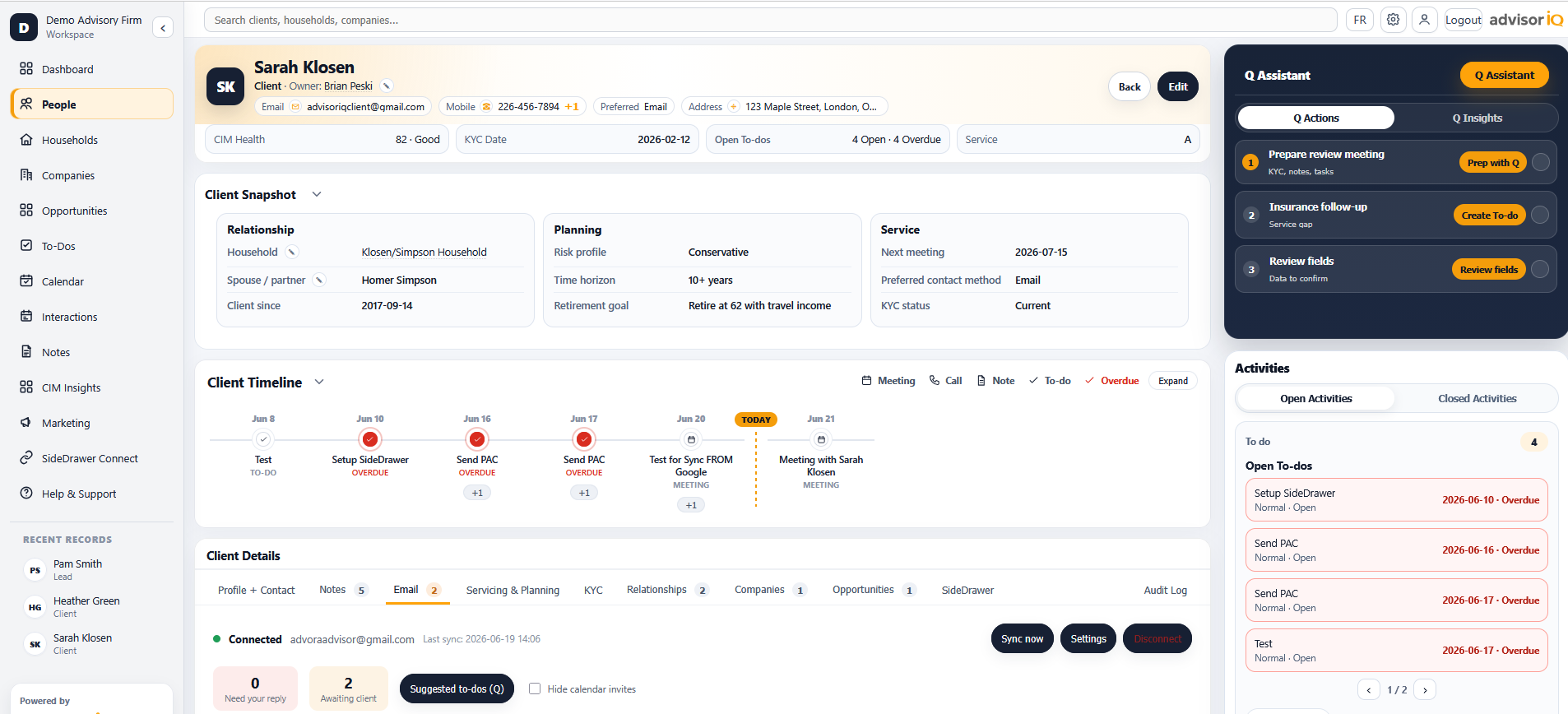 advisorIQ client record with Q Assistant
