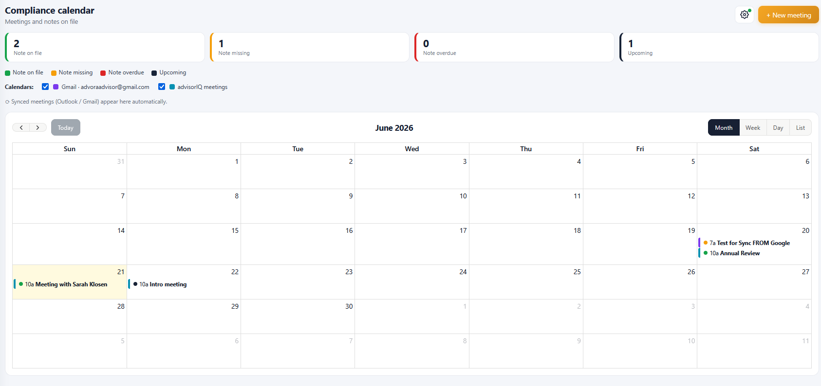 advisorIQ compliance calendar