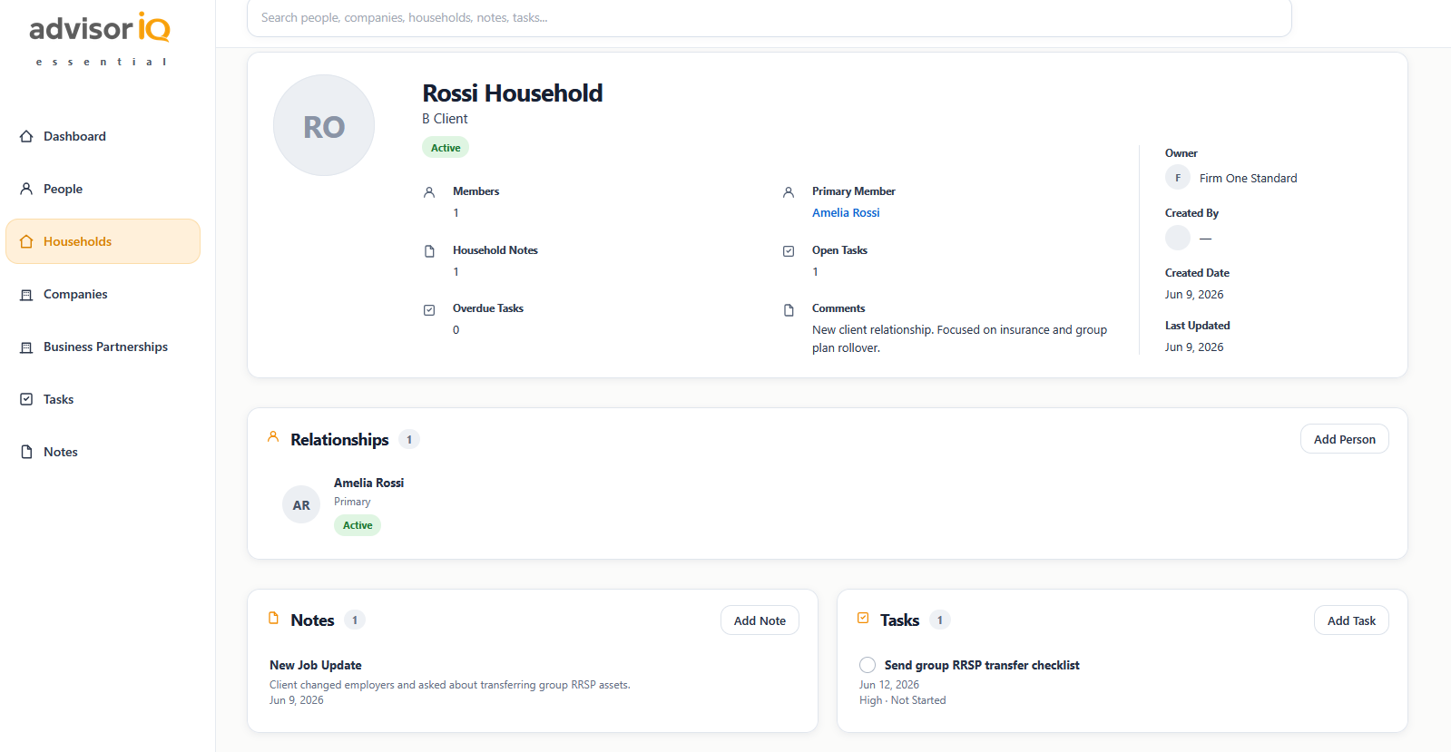 crmIQ essentials household record screenshot